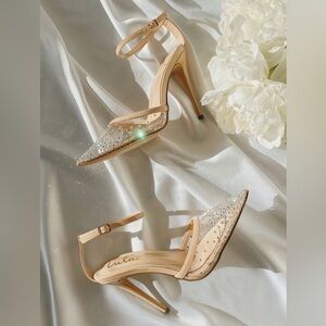 Keiza Light Nude Patent Rhinestone Pointed-Toe Ankle Strap Pumps